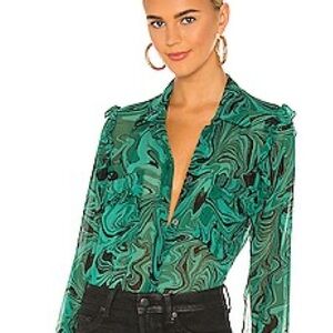 MISA Los Angeles Anita Sheer Blouse in Malachite Green Sz Large